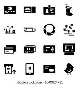 Solid vector icon set - credit card vector, ticket, identity, christmas sock, landscape, sleigh, wreath, sale, tap pay, atm, mobile payment, envelope, chicken toy