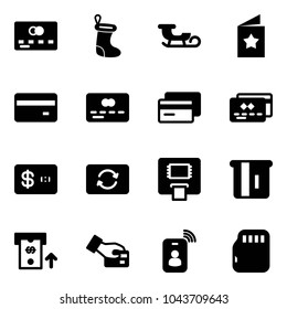 Solid vector icon set - credit card vector, christmas sock, sleigh, star postcard, exchange, atm, pay, identity, micro flash