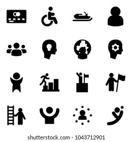 Solid vector icon set - credit card vector, disabled, snowmobile, user, group, head bulb, man globe, brain work, success, career, win, opportunity, star, flying