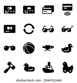 Solid vector icon set - credit card vector, tap pay, refresh, sunglasses, ball, pipe welding, duck toy, hammer, boat
