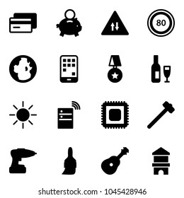 Solid vector icon set - credit card vector, piggy bank, oncoming traffic road sign, speed limit 80, globe, mobile, star medal, wine, sun, server wireless, cpu, sledgehammer, drill, brush, guitar