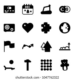 Solid vector icon set - credit card vector, christmas calendar, treadmill, euro dollar, safe, heart, puzzle, globe, flag, chart point arrow, up, growth, lounger, hammer, circuit, bear toy