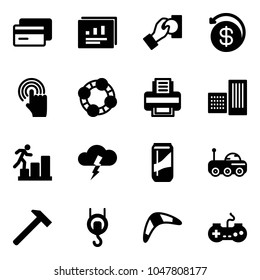 Solid vector icon set - credit card vector, statistics report, cash pay, money back, hand cursor, friends, printer, building, career, storm, drink, moon rover, hammer, winch, boomerang, gamepad