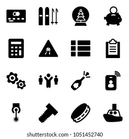 Solid vector icon set - credit card vector, ski, snowball tree, piggy bank, calculator, slippery road sign, menu, clipboard, gears, team leader, fizz opening, identity, laser, bolt, tambourine