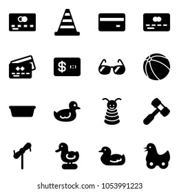 Solid vector icon set - credit card vector, road cone, sunglasses, ball, basin, duck toy, pyramid, hammer, windmill