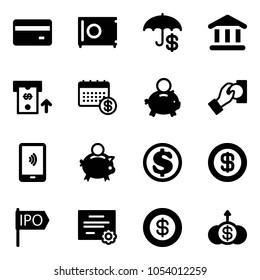 Solid vector icon set - credit card vector, safe, insurance, bank, atm, calendar, piggy, cash pay, mobile payment, dollar, ipo, certificate, growth