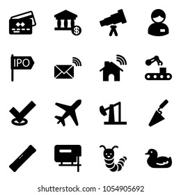 Solid vector icon set - credit card vector, account, telescope, manager, ipo, wireless mail, home, conveyor, check, plane, oil derrick, trowel, level, jig saw, toy caterpillar, duck