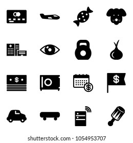 Solid vector icon set - credit card vector, small plane, candy, dog, hospital building, eye, weight, onion, dollar, safe, calendar, flag, car, skateboard, server wireless, beanbag