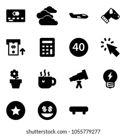 Solid vector icon set - credit card vector, clouds, small plane, dog, atm, calculator, minimal speed limit road sign, cursor, flower pot, hot tea, telescope, idea, star medal, money smile