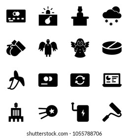 Solid vector icon set - credit card vector, terrorism, receptionist, snowfall, gloves, angel, pill, banana, exchange, statistics monitor, bank building, first satellite, power, paint roller