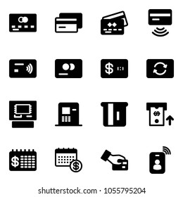 Solid vector icon set - credit card vector, tap pay, exchange, atm, finance calendar, identity