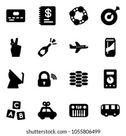 Solid vector icon set - credit card vector, annual report, friends, target, victory, fizz opening, plane, drink, satellite antenna, wireless lock, carbon, multimeter, abc cube, car toy, piano, bus