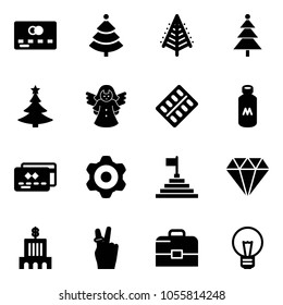 Solid vector icon set - credit card vector, christmas tree, angel, pills blister, milk, gear, pyramid flag, diamond, bank building, victory, case, bulb