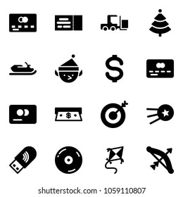 Solid vector icon set - credit card vector, ticket, fork loader, christmas tree, snowmobile, elf, dollar, cash, target, first satellite, usb wi fi, cd, kite, bow