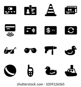 Solid vector icon set - credit card vector, identity, road cone, tap pay, exchange, sunglasses, drill machine, duck toy, ball, phone, boat