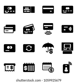 Solid vector icon set - credit card vector, ticket, tap pay, exchange, insurance, atm, receipt, finance calendar, identity