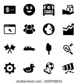 Solid vector icon set - credit card vector, dollar smile, money chest, investment, cursor browser, group, globe, growth, flags cross, limousine, ice cream, badminton, gear, duck toy, teethers