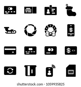 Solid vector icon set - credit card vector, ticket, identity, christmas sock, sleigh, wreath, mobile payment, exchange, atm, sim