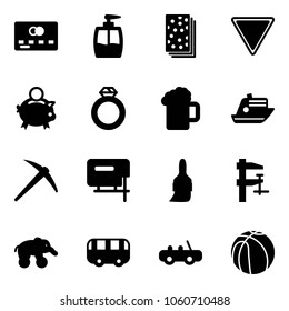 Solid vector icon set - credit card vector, liquid soap, breads, giving way road sign, piggy bank, diamond ring, beer, cruiser, axe, jig saw, brush, clamp, elephant wheel, toy bus, car, basketball