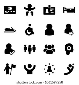 Solid vector icon set - credit card vector, baby, identity, hotel, snowmobile, disabled, user, login, check, group, brain work, win, success, star man, flying