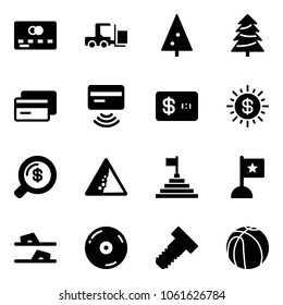 Solid vector icon set - credit card vector, fork loader, christmas tree, tap pay, dollar sun, money search, landslide road sign, pyramid flag, flip flops, cd, bolt, basketball