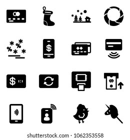 Solid vector icon set - credit card vector, christmas sock, landscape, wreath, sale, mobile payment, tap pay, exchange, atm, identity, chicken toy, unicorn stick