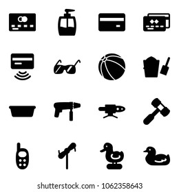 Solid vector icon set - credit card vector, liquid soap, tap pay, sunglasses, ball, bucket scoop, basin, drill machine, pipe welding, toy hammer, phone, windmill, duck