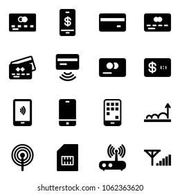 Solid vector icon set - credit card vector, mobile payment, tap pay, phone, growth, antenna, sim, wi fi router, fine signal
