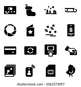 Solid vector icon set - credit card vector, christmas sock, landscape, sleigh, wreath, star postcard, sale, mobile payment, exchange, atm, pay, photo, identity, sim, chicken toy