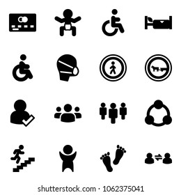 Solid vector icon set - credit card vector, baby, disabled, hotel, medical mask, no pedestrian road sign, cart horse, user check, group, social, career, success, feet, information exchange