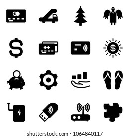 Solid vector icon set - credit card vector, trap truck, christmas tree, angel, dollar sign, tap pay, sun, piggy bank, gear, growth, flip flops, power, usb wi fi, router, puzzle