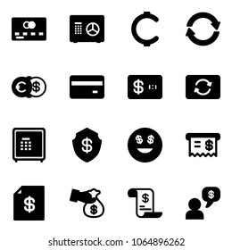Solid vector icon set - credit card vector, safe, cent, exchange, euro dollar, smile, receipt, account statement, encashment, history, money dialog