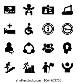 Solid vector icon set - credit card vector, baby, identity, treadmill, hospital bed, disabled, no pedestrian road sign, cart horse, user login, community, group, head bulb, career, win, success