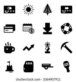 Solid vector icon set - credit card vector, sun, christmas tree, calendar, download, friends, hot tea, growth arrow, award, rock axe, sand castle, micro flash, trailer, beanbag