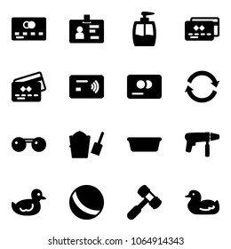 Solid vector icon set - credit card vector, identity, liquid soap, tap pay, refresh, sunglasses, bucket scoop, basin, drill machine, duck toy, ball, hammer