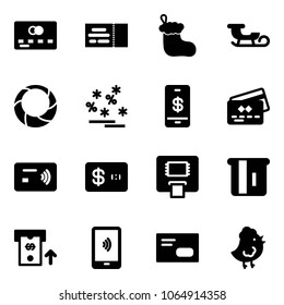 Solid vector icon set - credit card vector, ticket, christmas sock, sleigh, wreath, sale, mobile payment, tap pay, atm, envelope, chicken toy