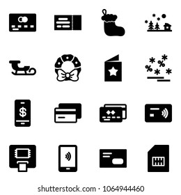 Solid vector icon set - credit card vector, ticket, christmas sock, landscape, sleigh, wreath, star postcard, sale, mobile payment, tap pay, atm, envelope, sim