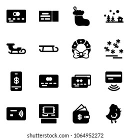 Solid vector icon set - credit card vector, ticket, christmas sock, landscape, sleigh, wreath, sale, mobile payment, tap pay, atm, finance management, chicken toy