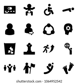 Solid vector icon set - credit card vector, baby, disabled, push ups, user, login, community, brain work, garbage, winner, career, world, team leader, win, flying man, feet