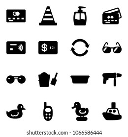 Solid vector icon set - credit card vector, road cone, liquid soap, tap pay, refresh, sunglasses, bucket scoop, basin, drill machine, duck toy, phone, boat