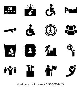 Solid vector icon set - credit card vector, terrorism, disabled, hotel, push ups, no pedestrian road sign, group, garbage, contact book, career, world, team leader, win, flying man