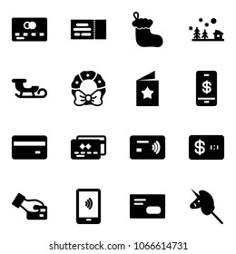 Solid vector icon set - credit card vector, ticket, christmas sock, landscape, sleigh, wreath, star postcard, mobile payment, tap pay, envelope, toy unicorn stick