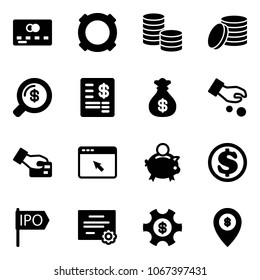 Solid vector icon set - credit card vector, currency, coin, money search, account statement, bag, investment, pay, cursor browser, piggy bank, dollar, ipo, certificate, managemet, atm map pin