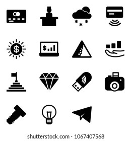 Solid vector icon set - credit card vector, recieptionist, snowfall, tap pay, dollar sun, account statistics, landslide road sign, growth, pyramid flag, diamond, usb wi fi, camera, bolt, bulb