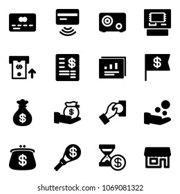 Solid vector icon set - credit card vector, tap pay, safe, atm, account statement, statistics report, dollar flag, money bag, investment, cash, purse, torch, history, store