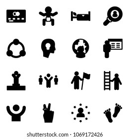 Solid vector icon set - credit card vector, baby, hotel, head hunter, community, bulb, man globe, presentation, winner, team leader, win, opportunity, success, victory, star, feet