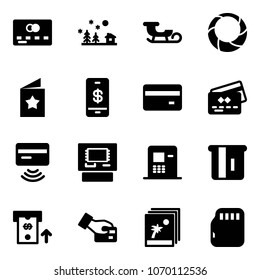Solid vector icon set - credit card vector, christmas landscape, sleigh, wreath, star postcard, mobile payment, tap pay, atm, photo, micro flash