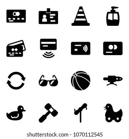 Solid vector icon set - credit card vector, identity, road cone, liquid soap, tap pay, refresh, sunglasses, ball, pipe welding, duck toy, hammer, windmill