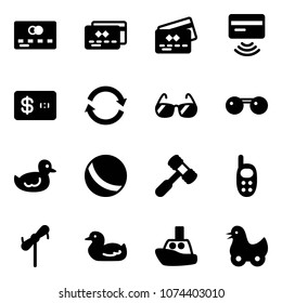 Solid vector icon set - credit card vector, tap pay, refresh, sunglasses, duck toy, ball, hammer, phone, windmill, boat