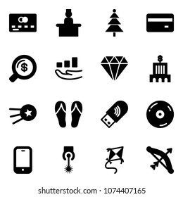 Solid vector icon set - credit card vector, recieptionist, christmas tree, money search, growth, diamond, bank building, first satellite, flip flops, usb wi fi, cd, mobile phone, laser, kite, bow